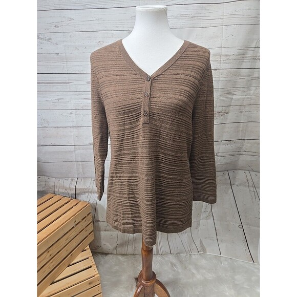Chico's Brown 3/4‎ Sleeve Tight Knit Cashmere Blend Sweater Women's M (1) Button - Picture 1 of 6